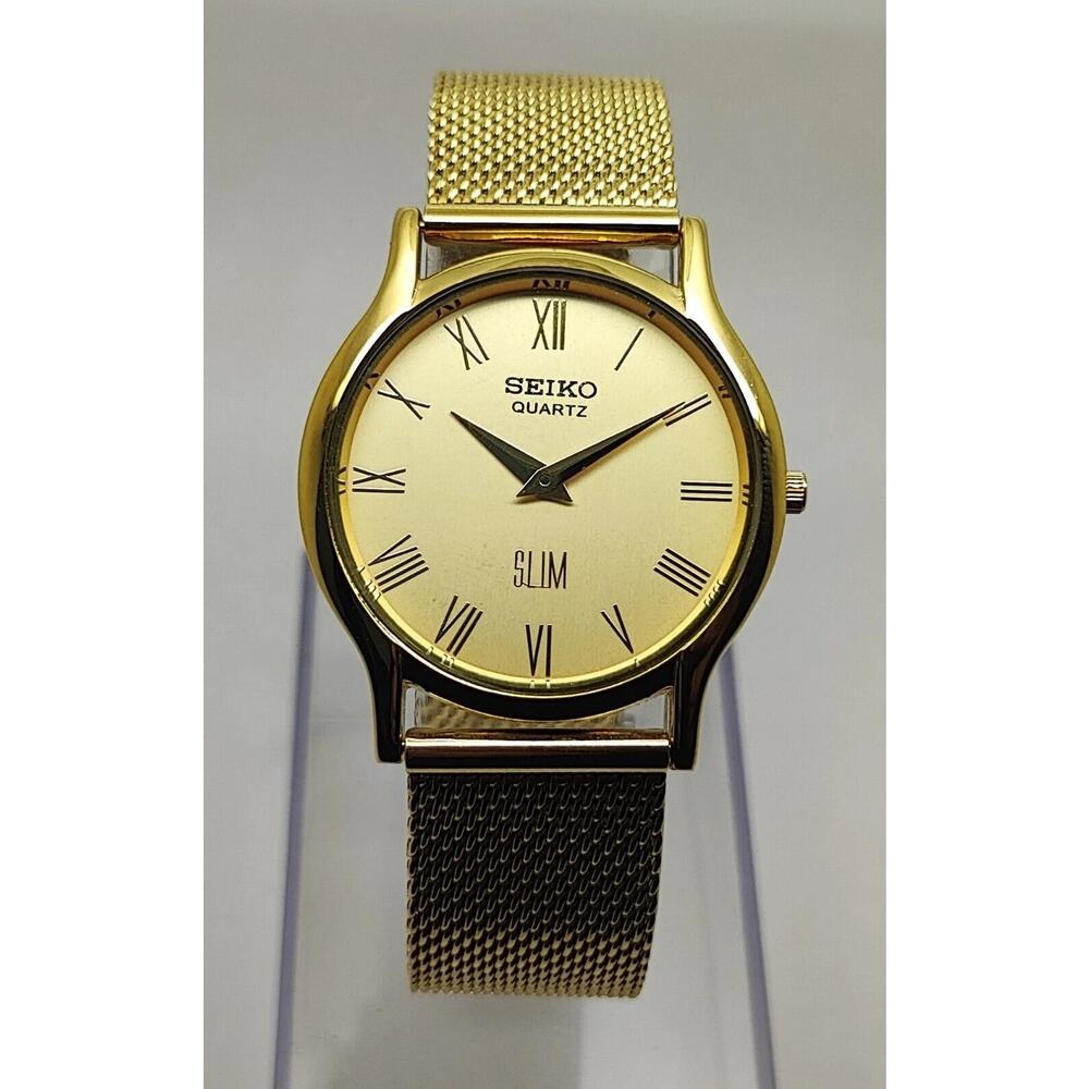 Vintage Style Seiko Quartz Mens Gold Watch & Gold accents W/ Metal Strap - Picture 1 of 7